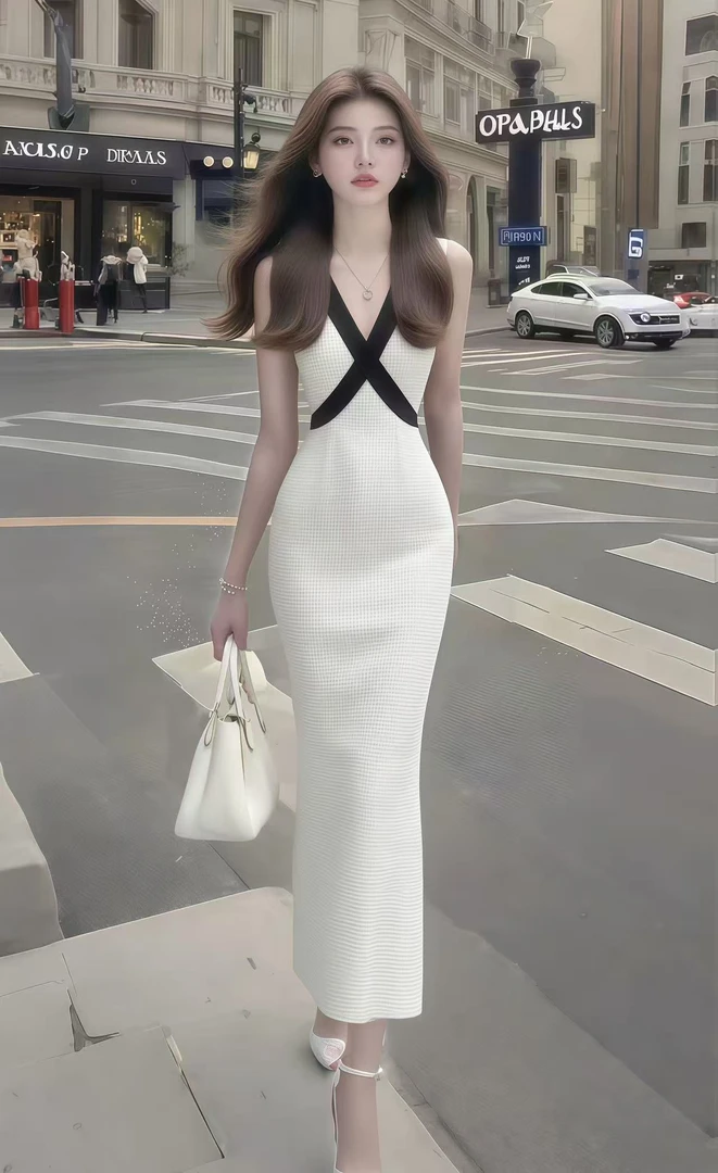 轻奢高端大气白色V领无袖修身收腰包臀长裙格子连衣裙女时尚女装