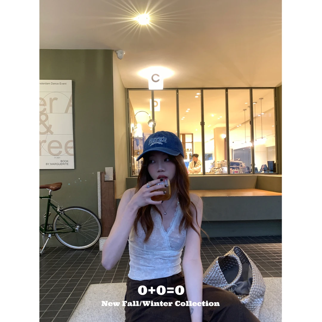 0+0=0【夏威夷】纯欲蕾丝裸色V领长袖T•挂脖内衬吊带上衣-8818#