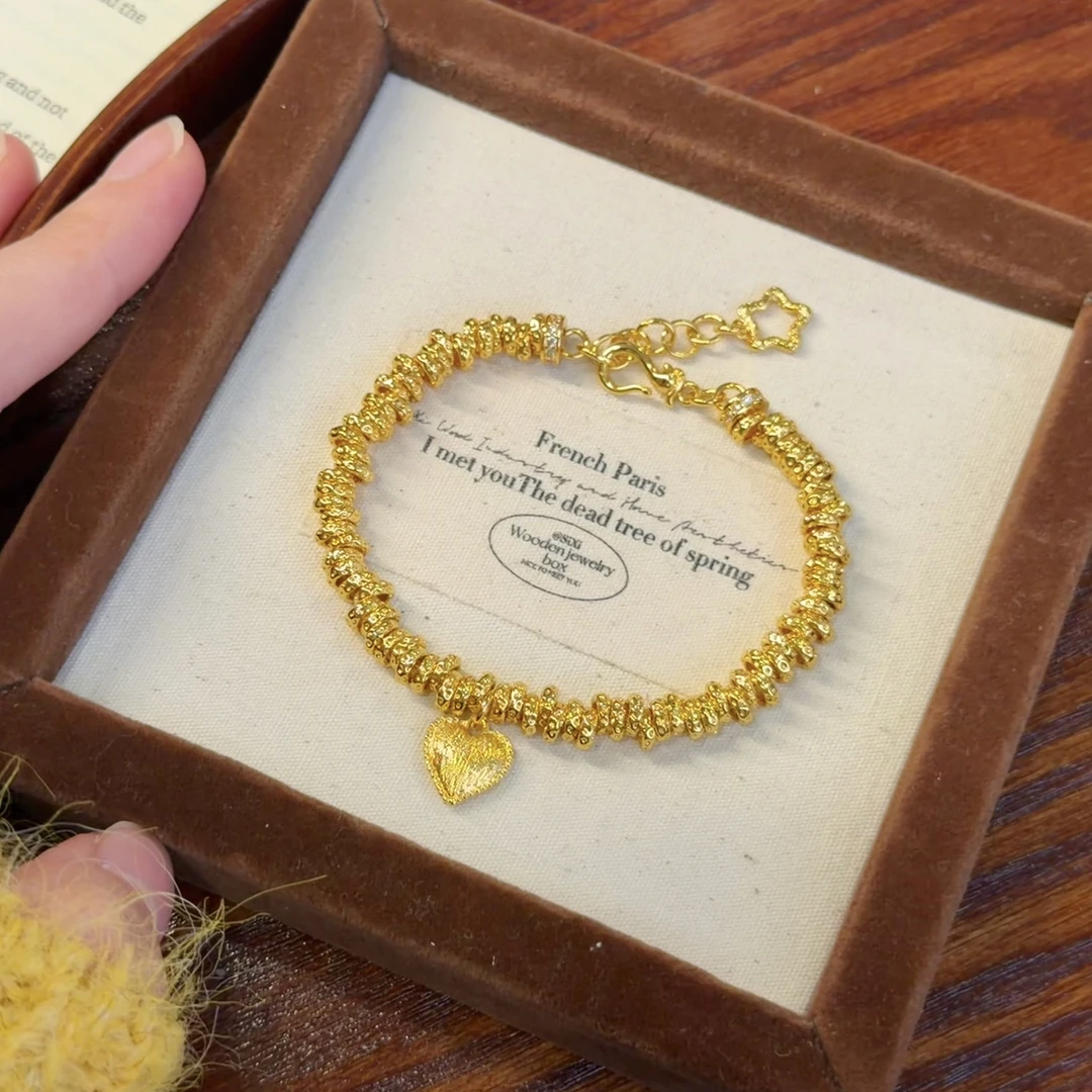 铜合金手链 新中式国风古法镶钻跑环拉丝爱心锤纹盘缠手串