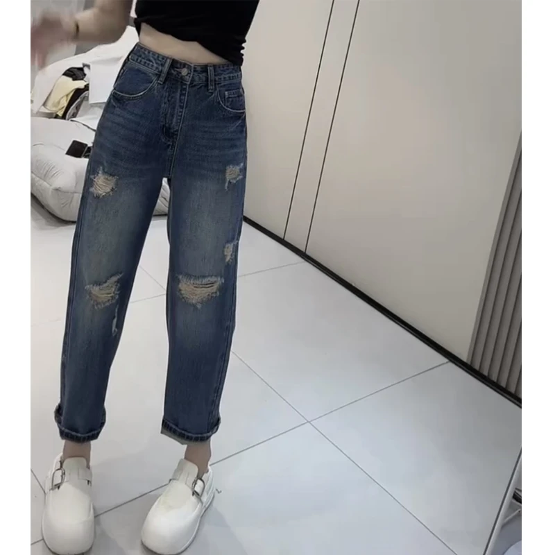 萱贝纯宽松时尚破洞直筒牛仔裤女2025早秋新款洋气减龄九分法棍裤