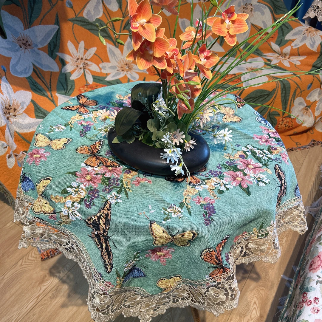 DY059-12棉麻质（85cm）绿色花蝴蝶锁边防尘桌布