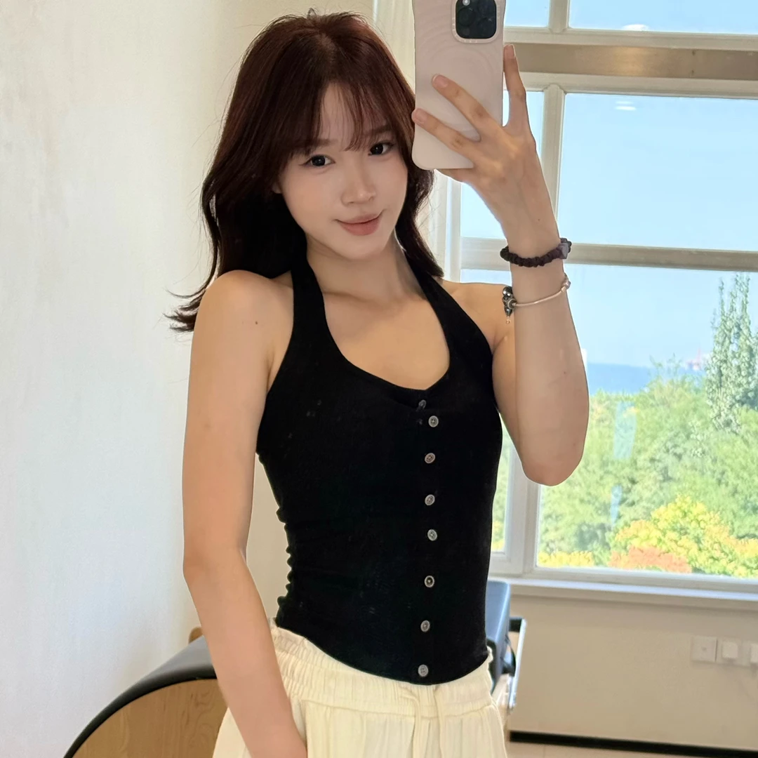 韩系纽扣款背心 设计师瑜伽服背心
