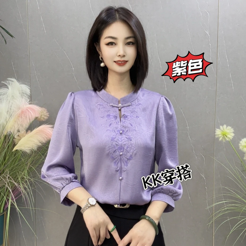 【KK】LLH2560春夏上新刺绣珠子盘扣领七分袖款气质百搭衬衫