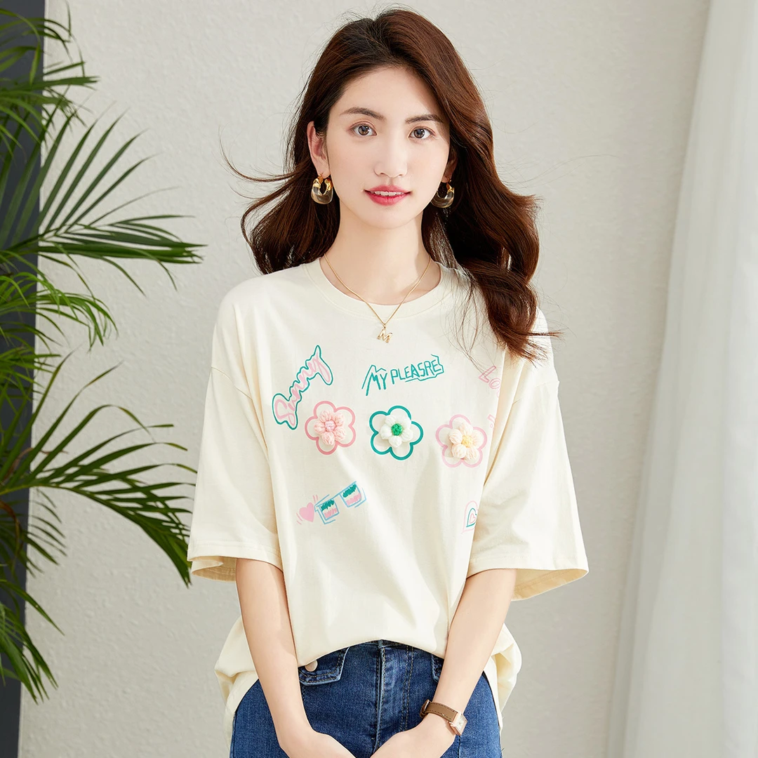 马克华菲休闲减龄印花纯棉T恤夏季青春花朵宽松圆领柔软舒适上衣