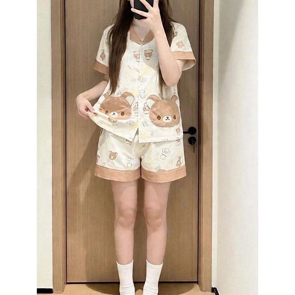 卡通棕色轻松熊ins日系睡衣女夏季新款慵懒风可外穿短袖居家套装