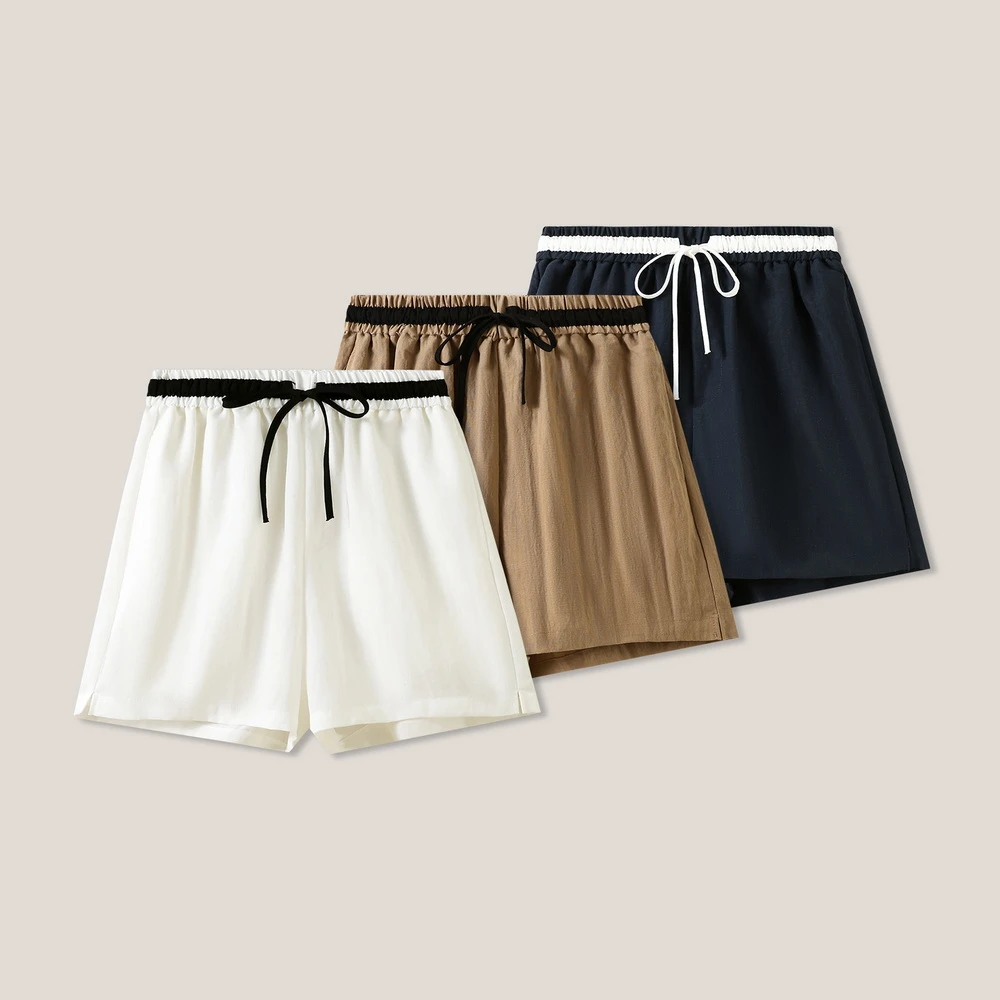 时尚气质女士撞色抽绳松紧腰麻料休闲百搭短裤SS26176