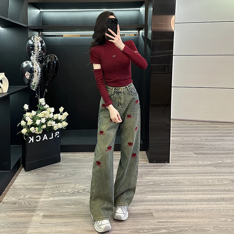 春夏款时尚洋气可拆卸袖子上衣修身短袖T恤搭配牛仔直筒裤套装女