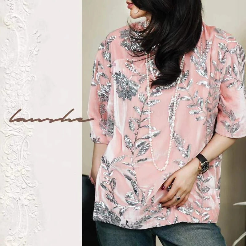 【粉面含春】Lanshe阑舍·粉丝绒定制五分袖中式上衣