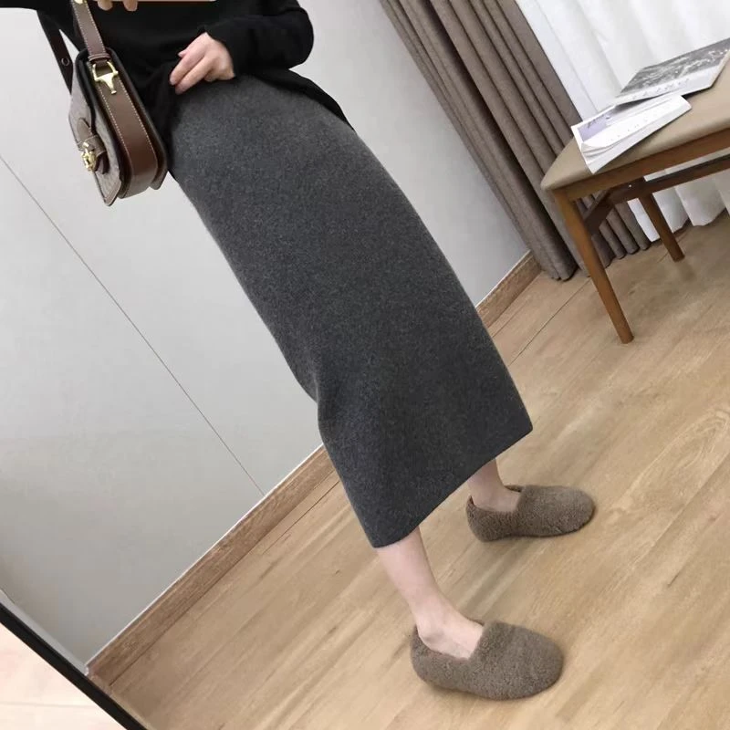 -简约纯色针织半身裙高腰显瘦一步长裙