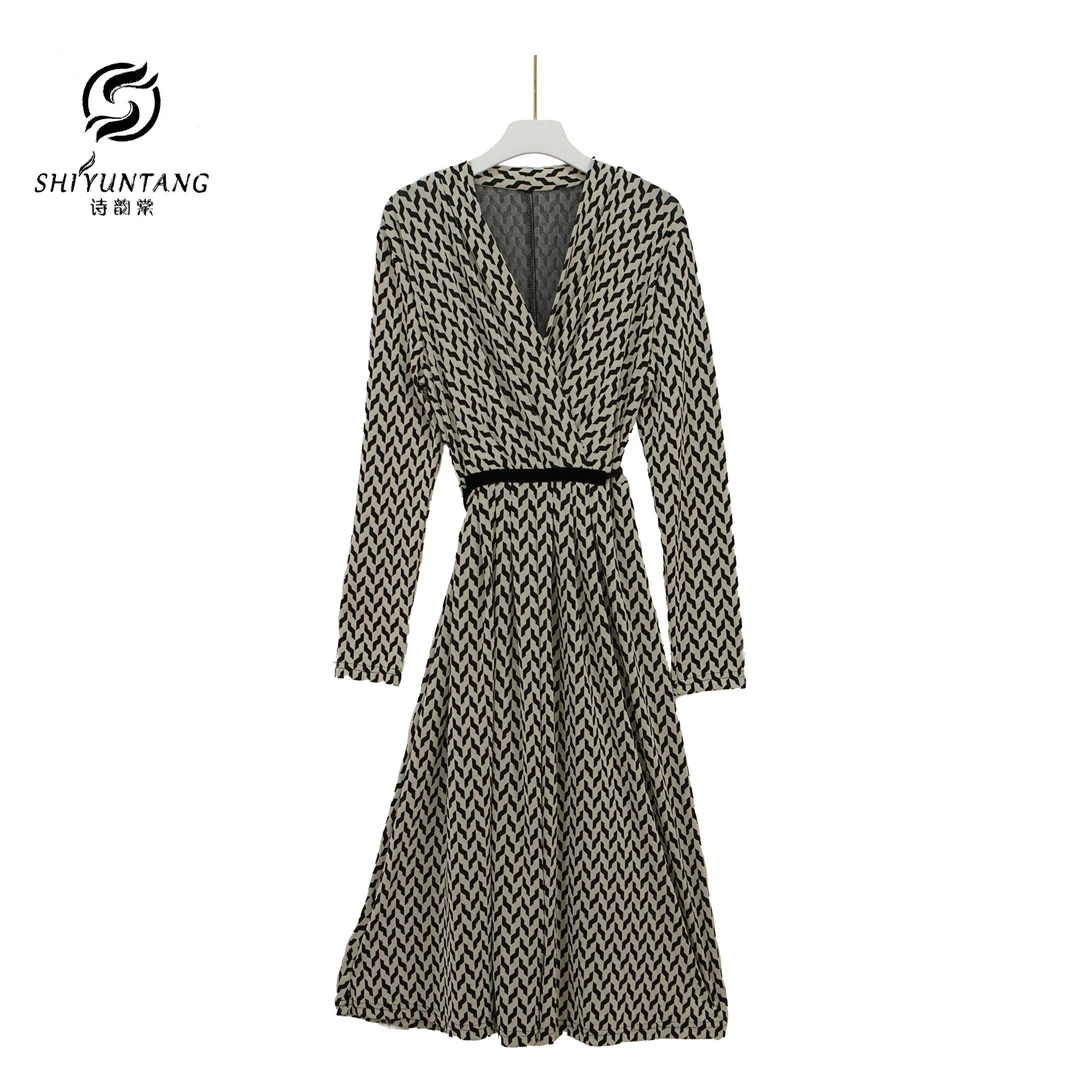 时尚米色v领印花收腰显瘦系带裹身气质连衣裙X2257