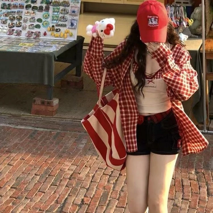 A4韩版宽松春秋女装衬衫格子通勤百搭时尚休闲宽松ins小众格纹