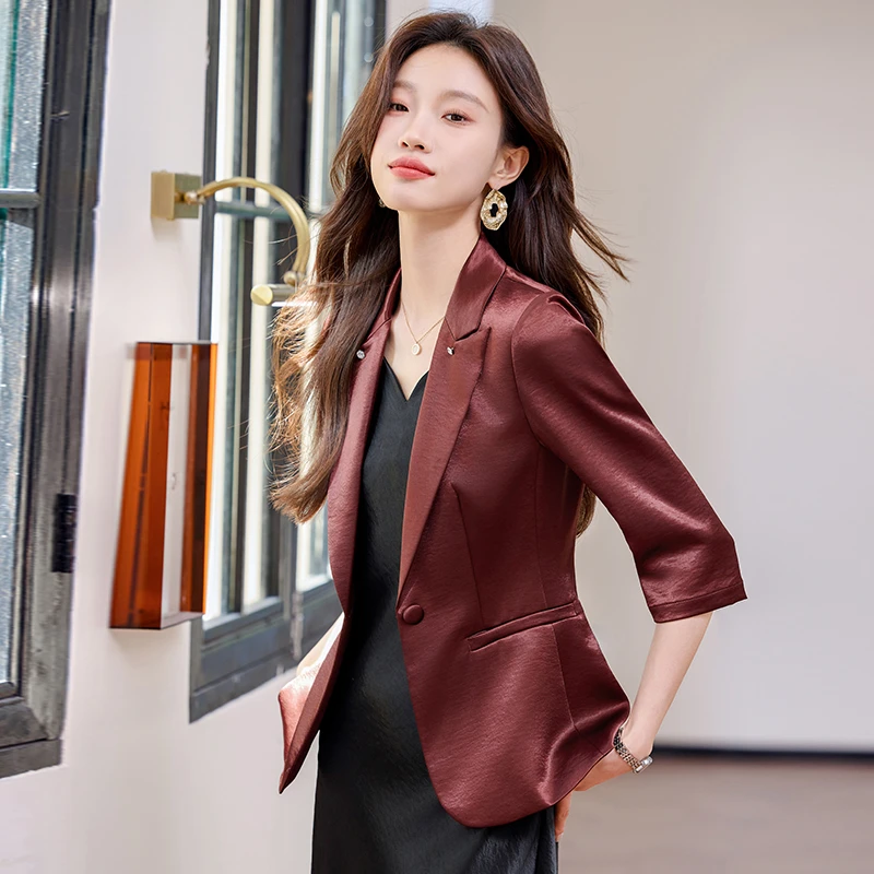 酒红色西装外套女2025新款小个子高级感醋酸缎面休闲西服夏季薄款