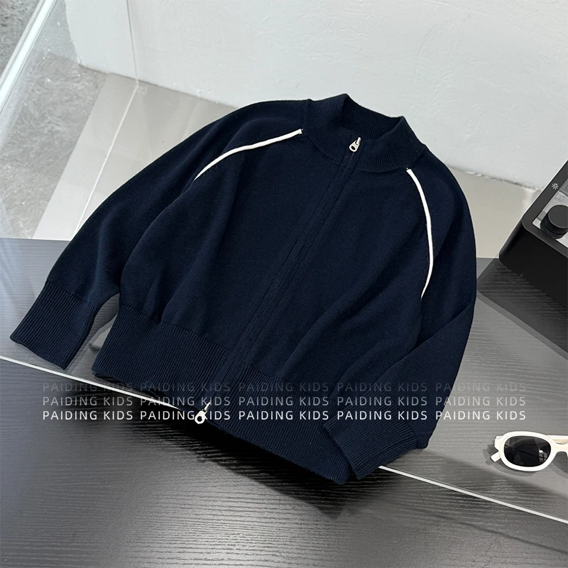 【阿湫】春秋装儿童韩版时尚撞色线条拉链式休闲毛衣针织外套SJ6475