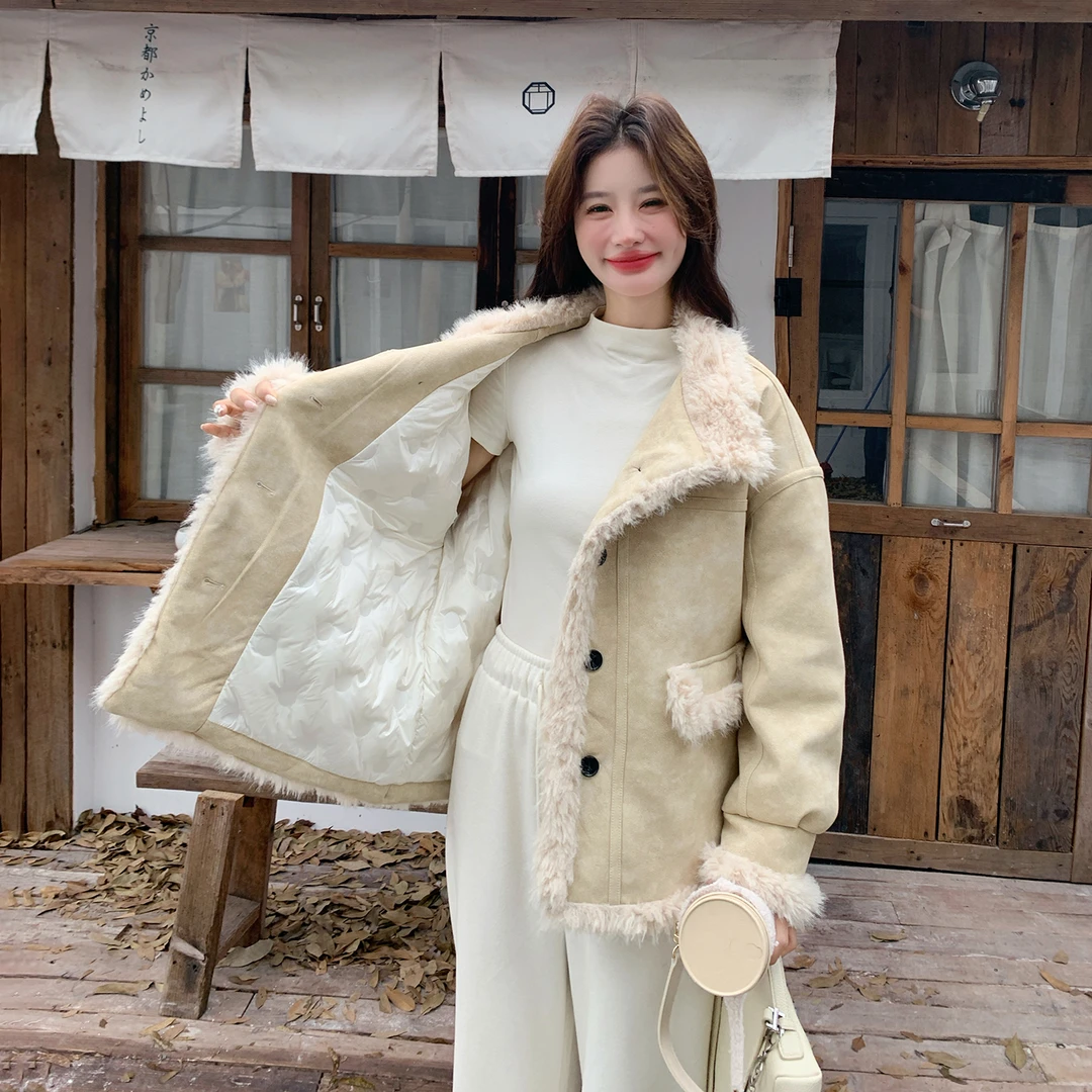韩系温柔风通勤加厚外套女2025冬季新款羽绒内衬设计感麂皮绒夹克