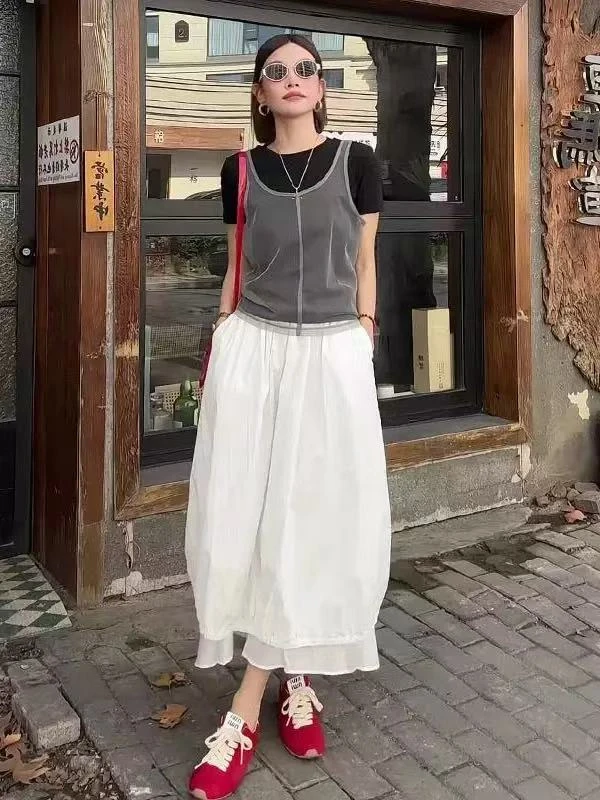 2550#时尚背心叠穿短袖T恤花苞半身裙套装