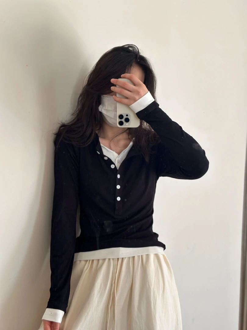 春季长袖假两件针织打底衫