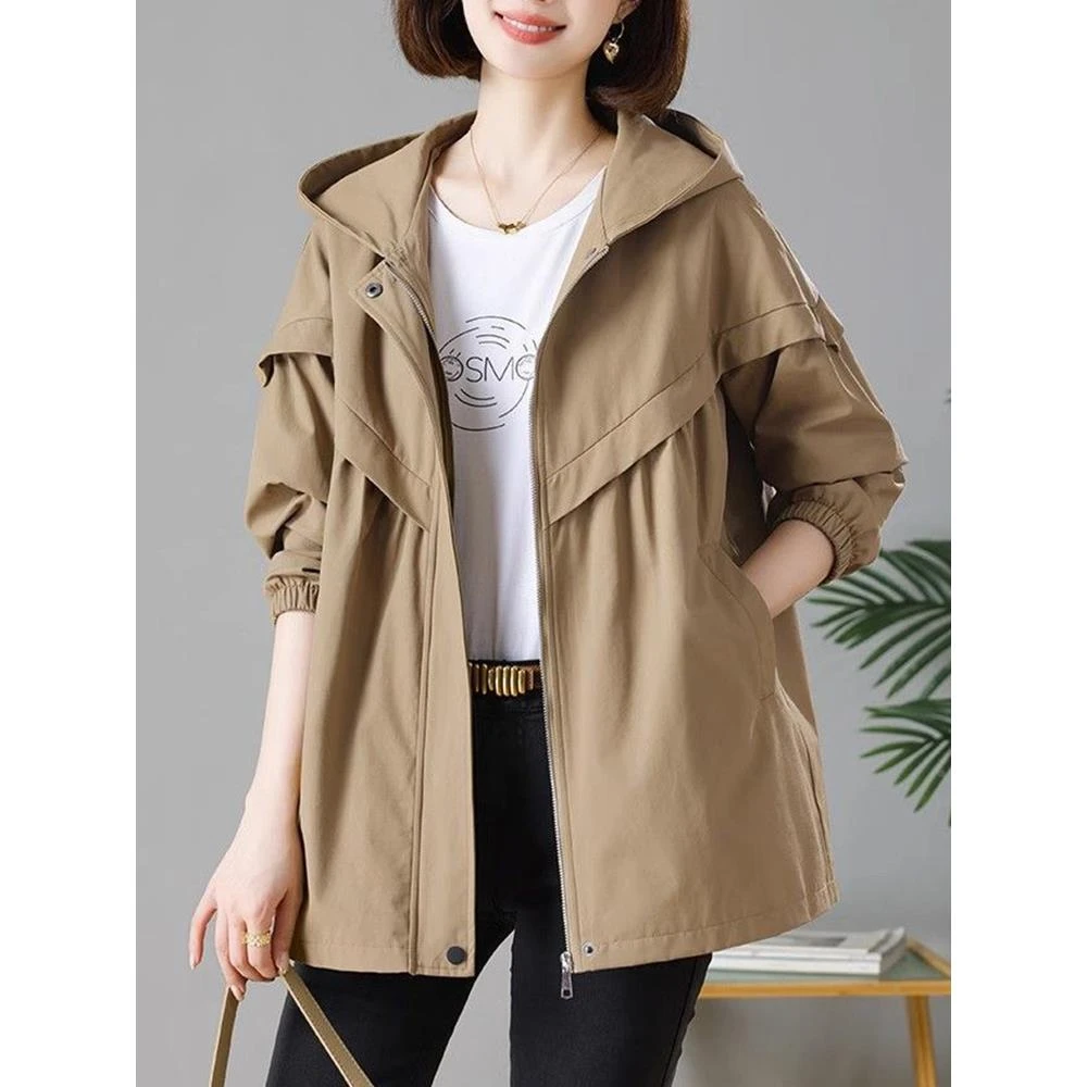 有衬里！休闲大码宽松中长女装2025春秋季新韩式连帽风衣夹克