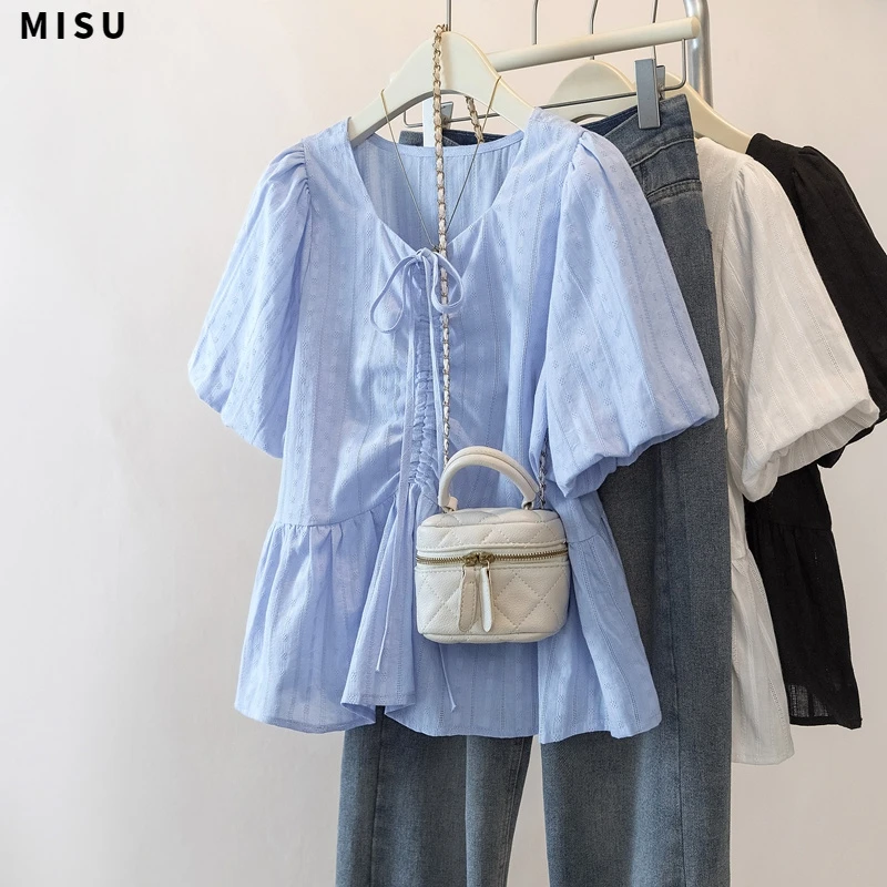 MISU大码时尚方领短袖正肩衬衫女夏季遮肉显瘦抽绳百搭上衣