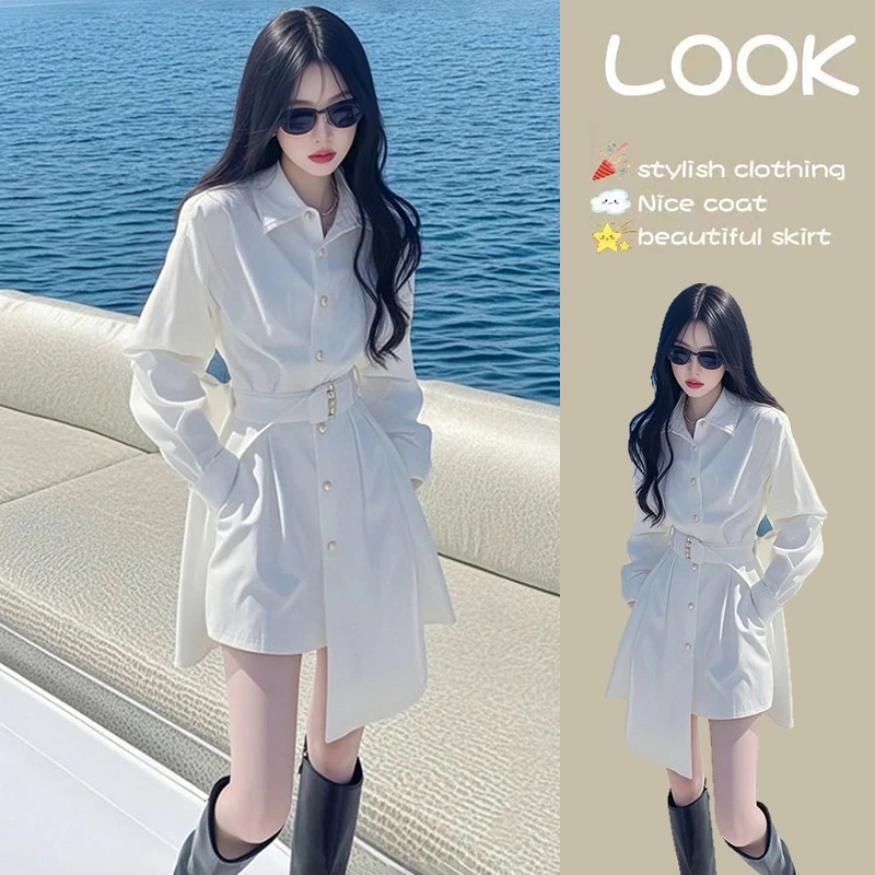 气质轻奢翻领衬衫连衣裙女2025春季新款收腰显瘦不规则短裙高级感