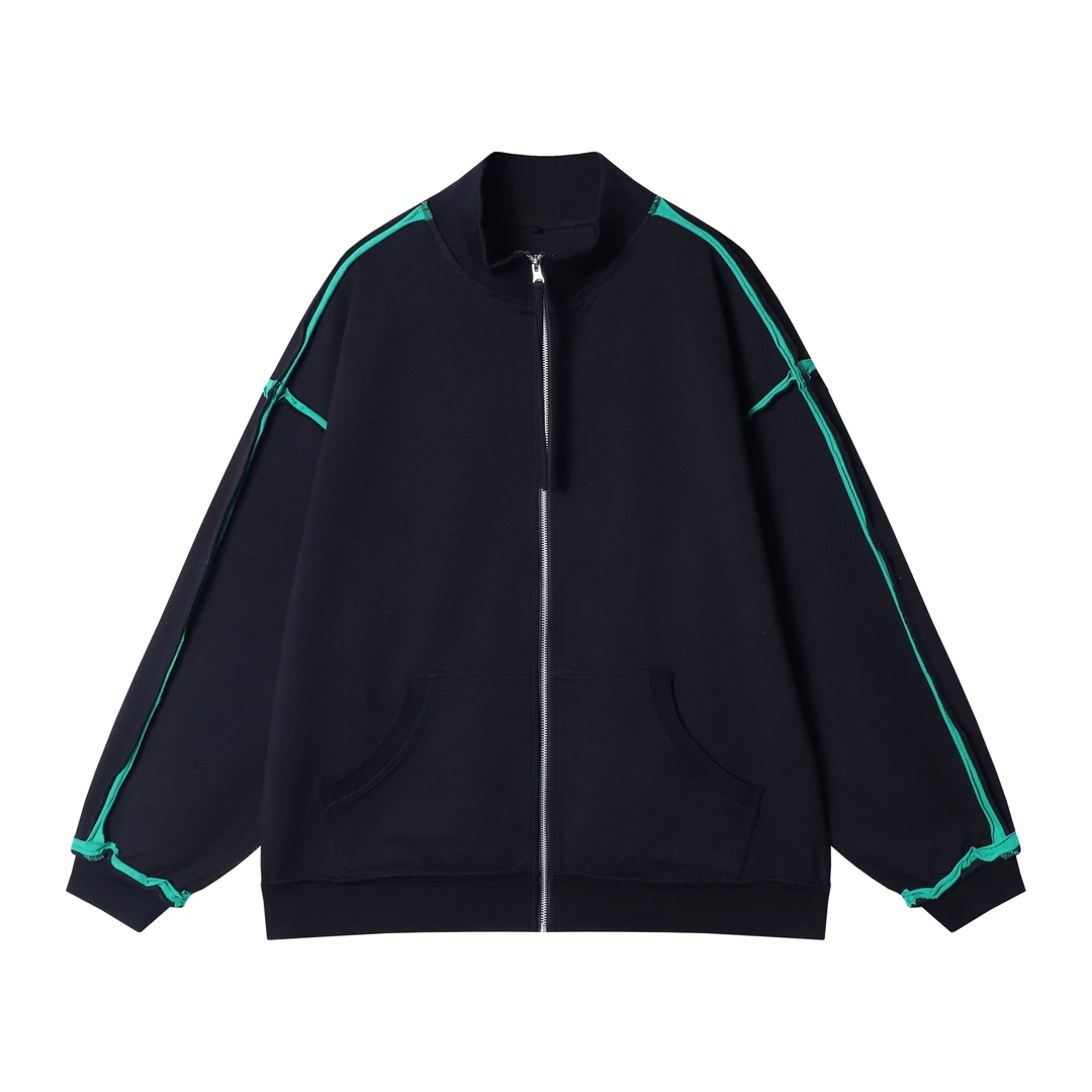 秋冬季新款时尚个性美式撞色明线拉链立领开衫外套卫衣情侣百搭