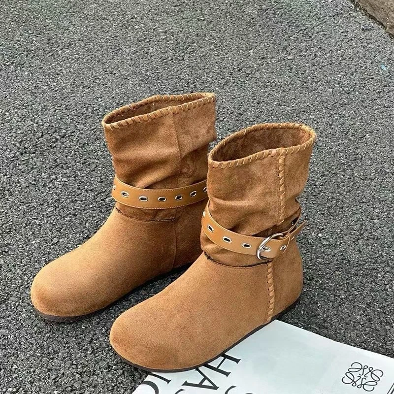韩版绒面内增高堆堆短靴女秋冬时尚百搭勃肯风舒适一脚蹬单靴