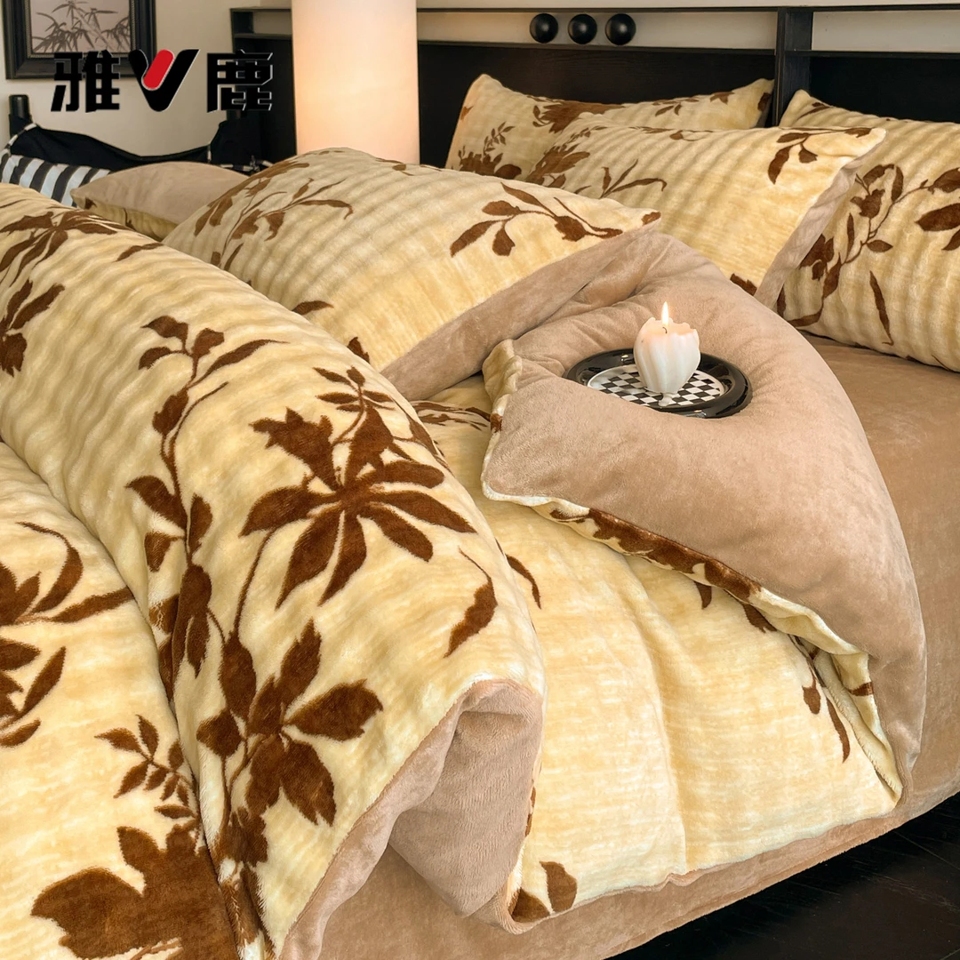 雅鹿牛奶绒床上四件套2025新款冬季泡泡绒加厚保暖床单被套三件套