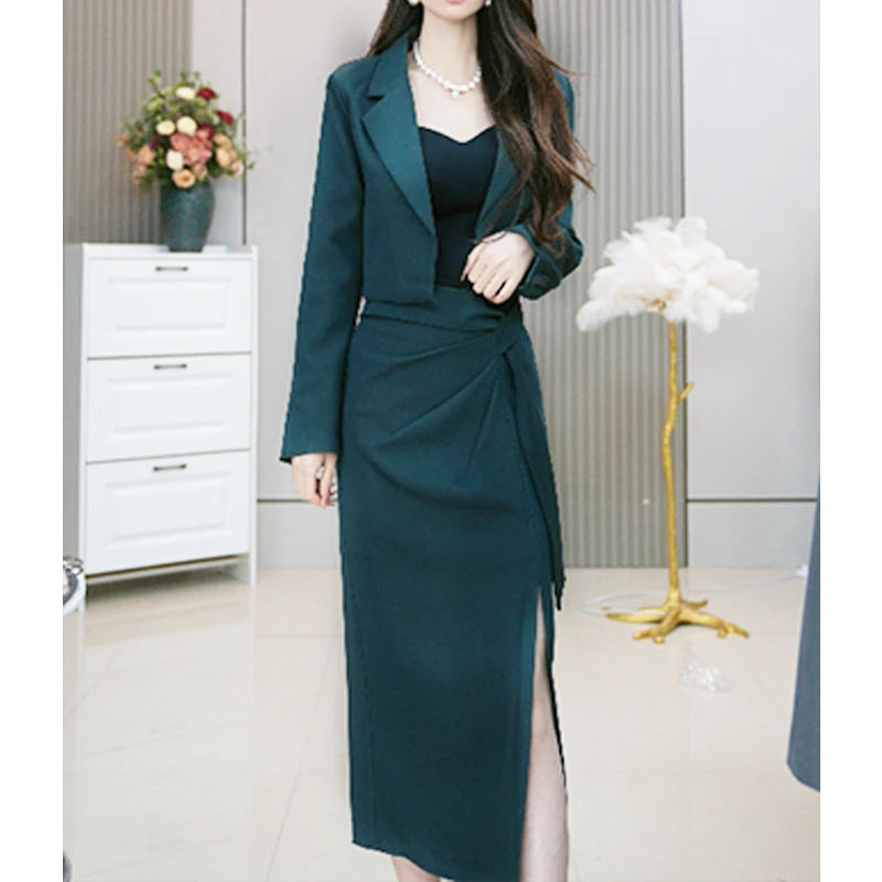 YY春秋新款高级感气质显瘦西装外套+时尚开叉半身裙两件套装3123