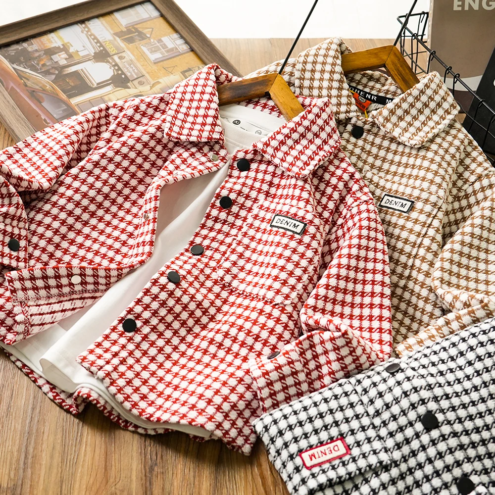 儿童男童秋季新款口袋格子衬衫外套百搭中大童翻领洋气24Q049