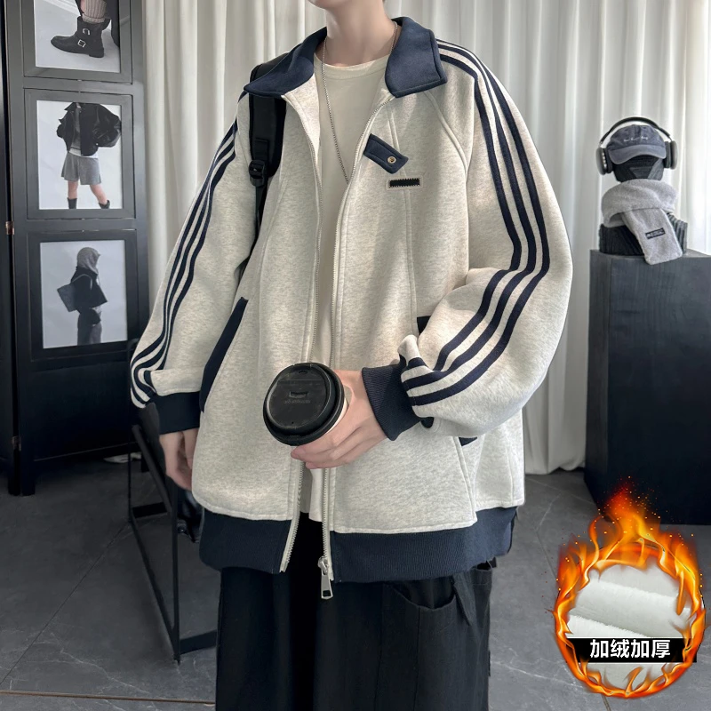 三条杠翻领卫衣男秋季新款宽松休闲运动外套潮牌大码拉链开衫上衣