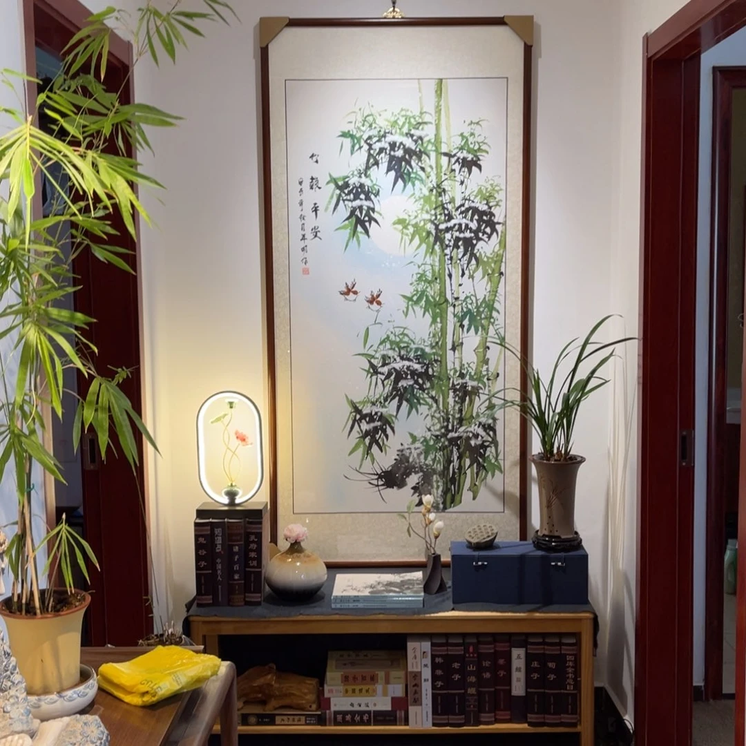 国画竹报平安竹子图四尺成品画框一幅