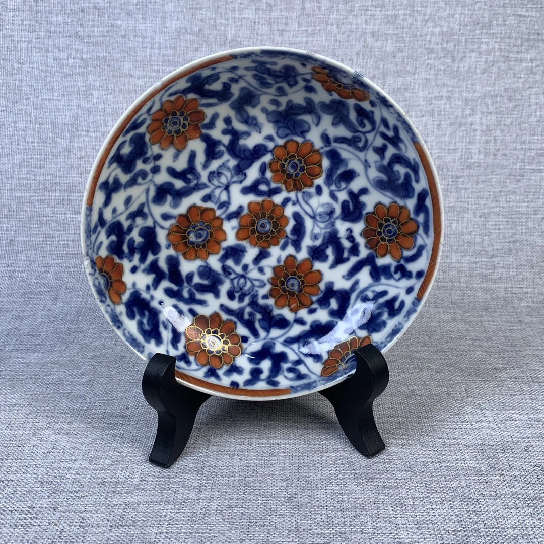 清代青花矾红花卉盘古瓷器真品国营镇江市文物商店3068061