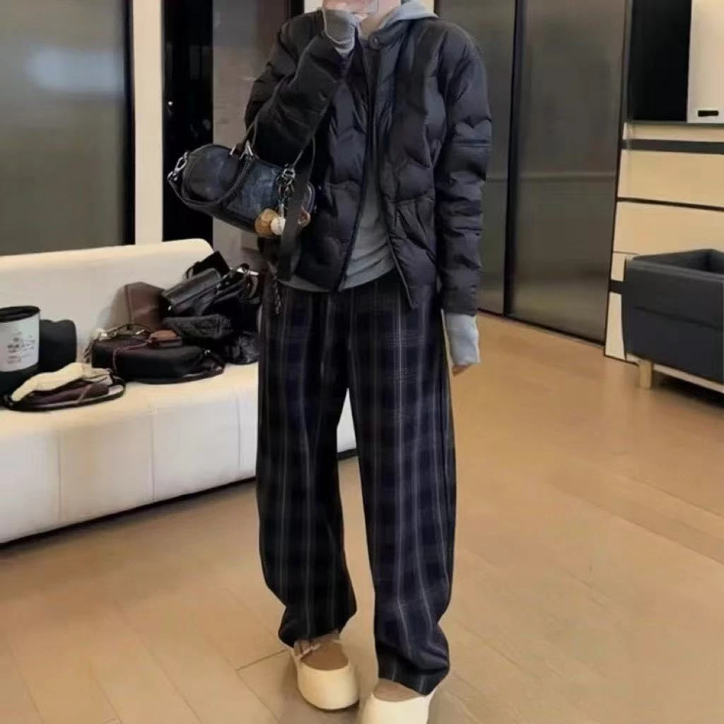 女秋冬时尚显瘦立体剪裁高腰加厚格子直筒休闲裤常规阔腿保暖裤