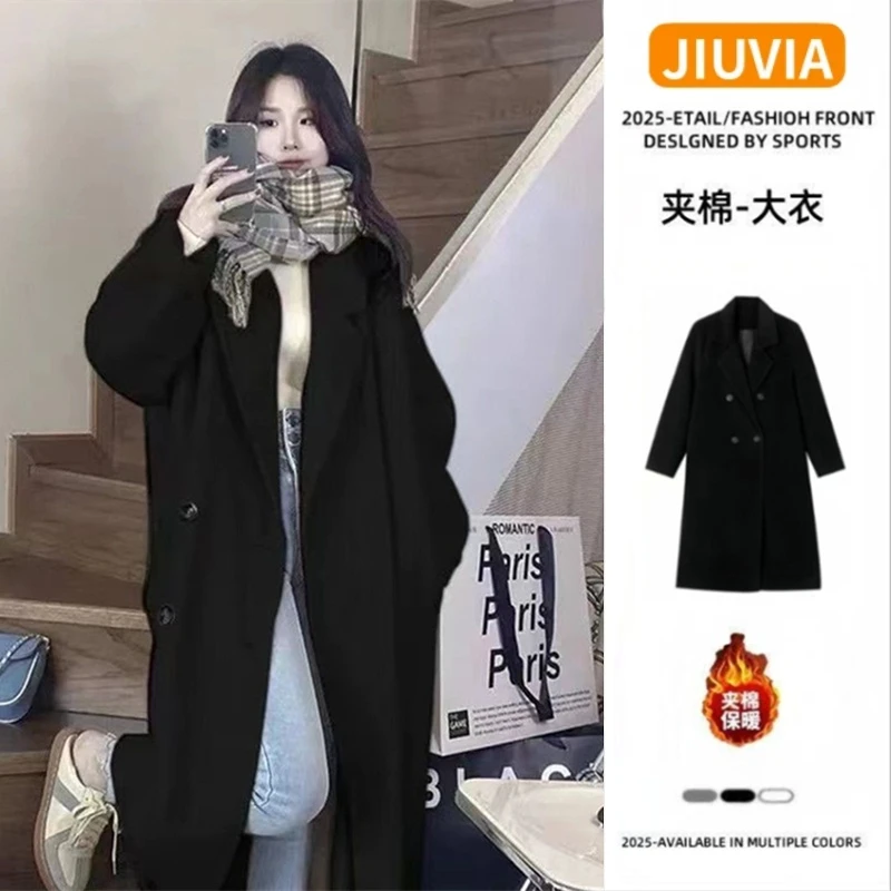 高级感西装领毛呢夹棉外套女春秋冬新款赫本风中长款宽松呢子大衣