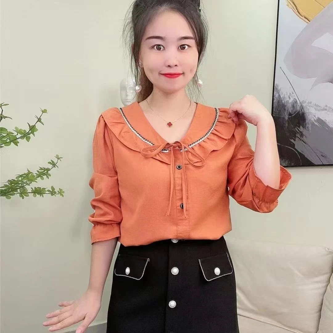淑女日记 秋季娃娃领荷叶边蝴蝶结长袖减龄显瘦气质百搭上衣 0217