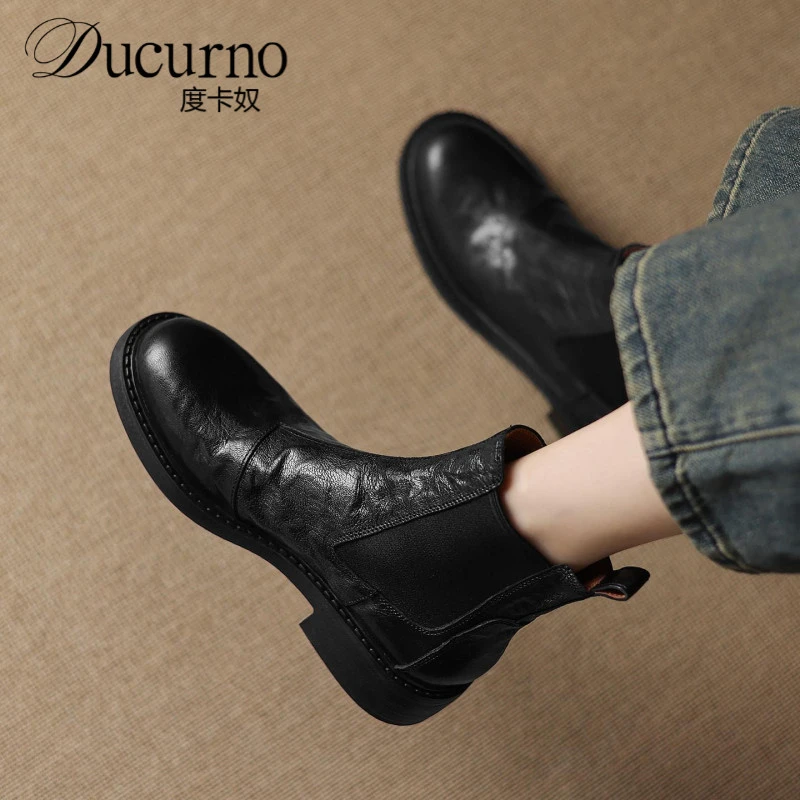 度卡奴简约覆古轻奢英伦风百搭显瘦通勤真皮短靴切尔西靴子女