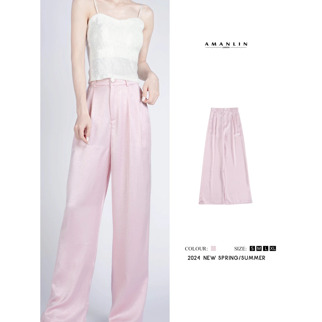 AMANLIN/阿谩琳【花絮】浅粉夏薄款高腰拖地垂坠感阔腿裤F592239