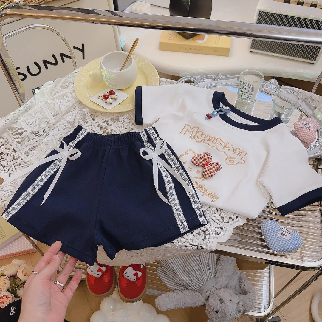 女童套装夏季立体蝴蝶结短袖T恤蕾丝甜美风韩版短裤韩休闲两件套