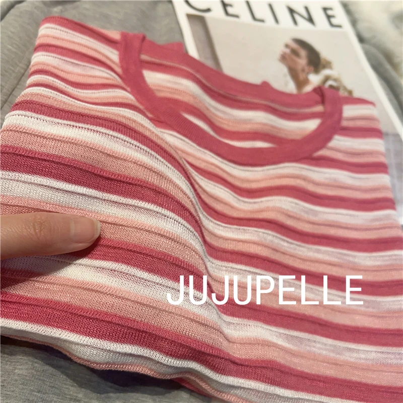 小清新立体感提花条纹圆领2025夏季新款韩版针织衫毛衣T恤短袖女