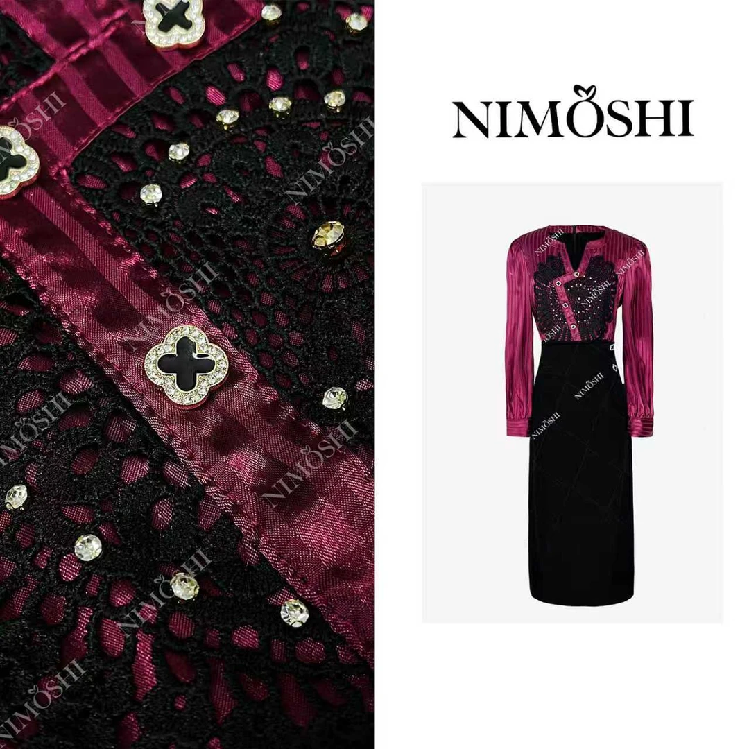 NIMOSHI【倩倩】秋季时尚高奢刺绣拼接设计气质显瘦连衣裙Q2454