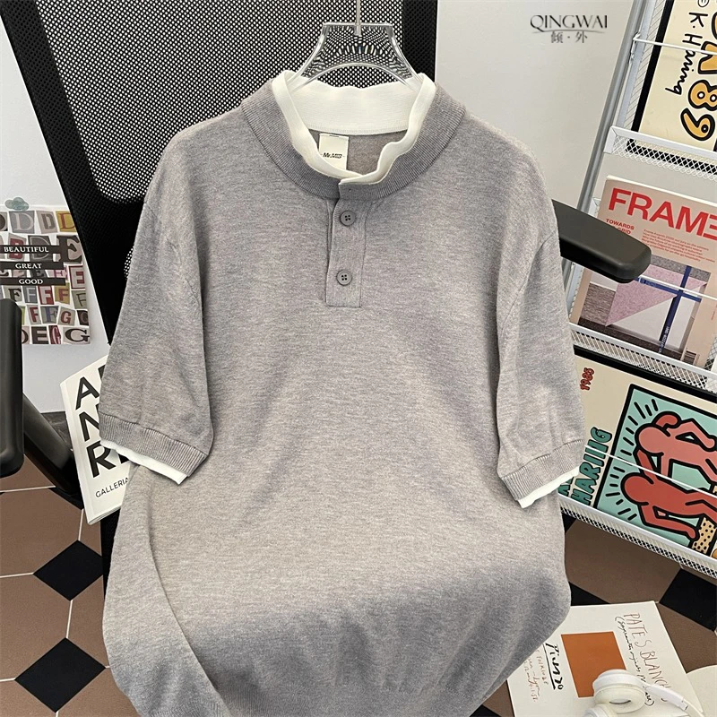 圆领针织衫亨利领拼色假两件短袖T恤男士夏季百搭休闲亲肤打底衫