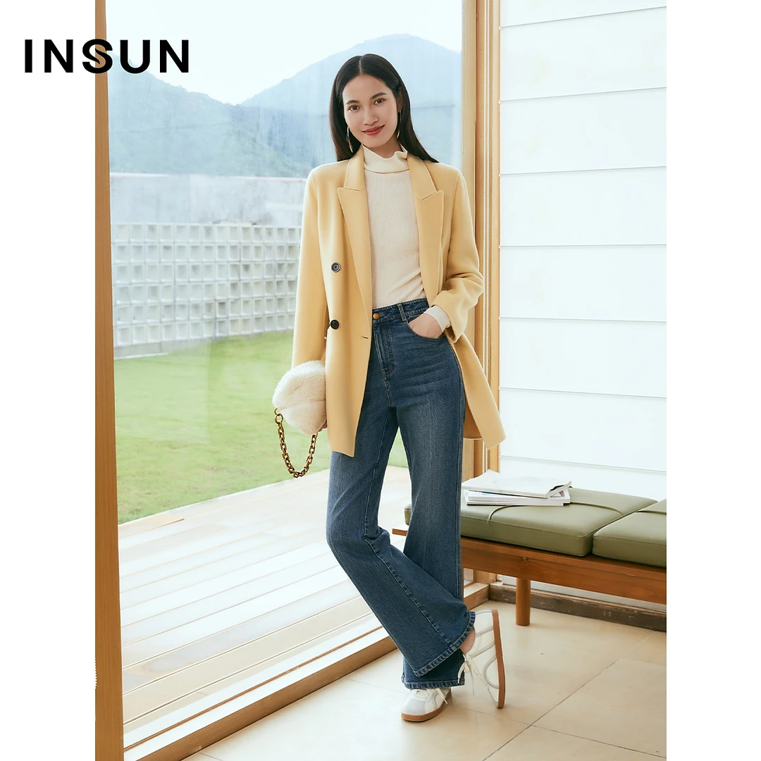 INSUN恩裳专选冬季戗驳领绵羊毛一手长毛呢外套