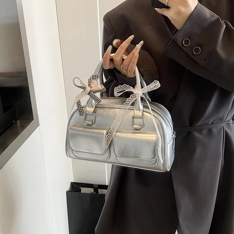 新款甜美风蕾丝丝巾装饰保龄球包包韩版大容量休闲斜跨包女