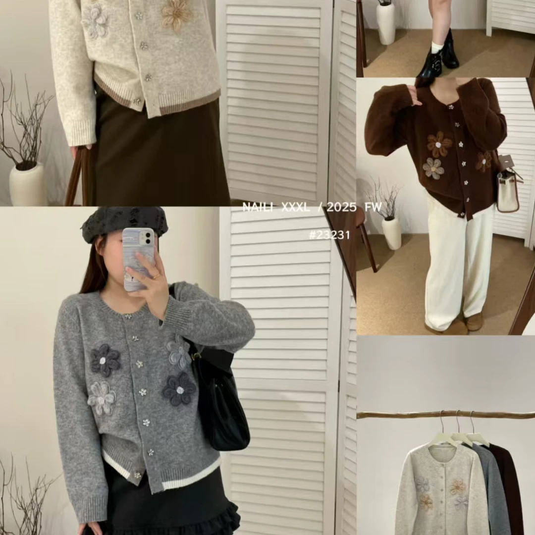 (晓晓家)秋冬圆领手工立体花朵毛衣针织开衫