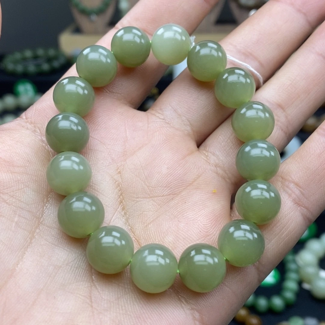 和田玉手链未镶嵌湖水绿卡12