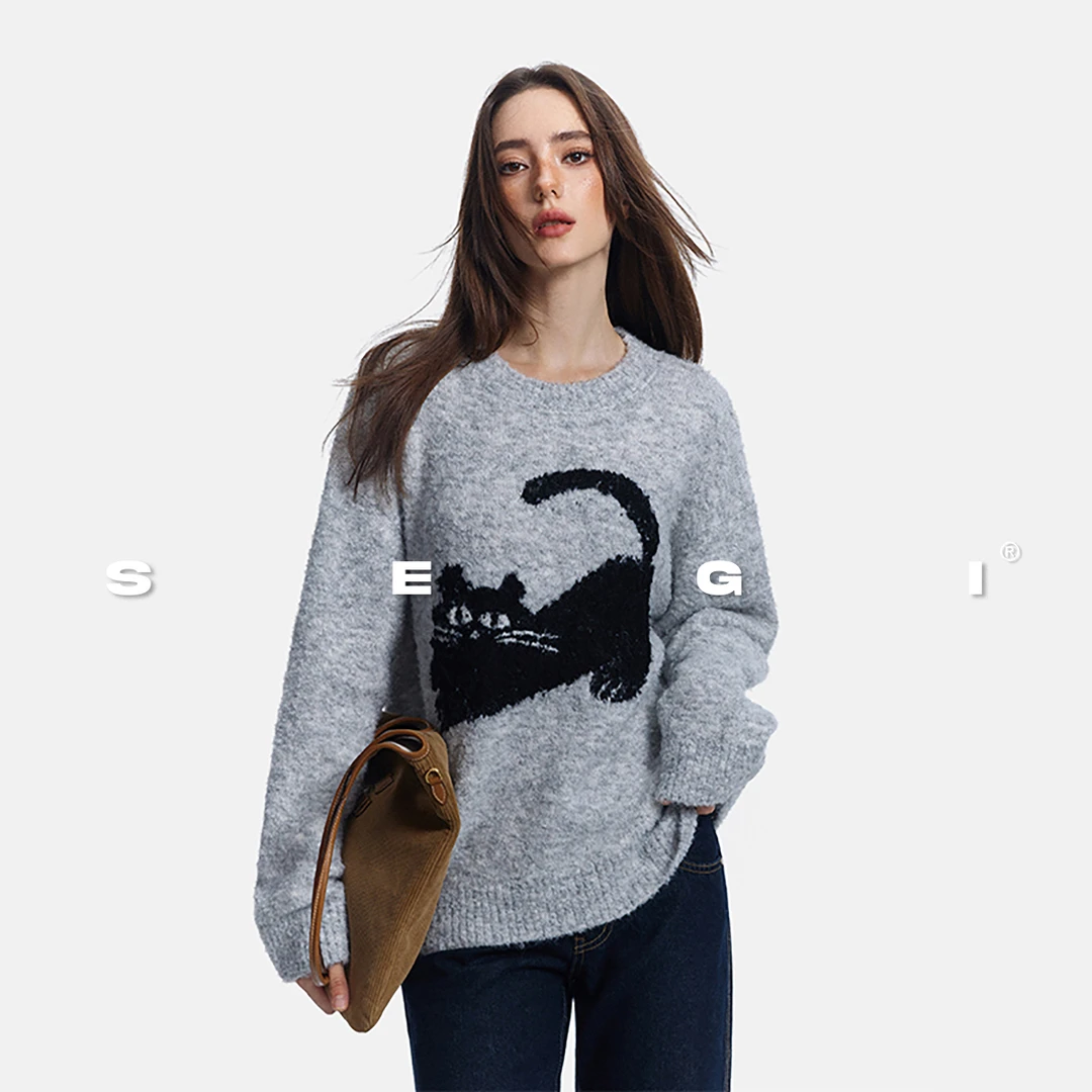 SEGI秋冬新款圈圈纱猫咪提花廓形套头毛衣女外穿加厚慵懒上衣外套