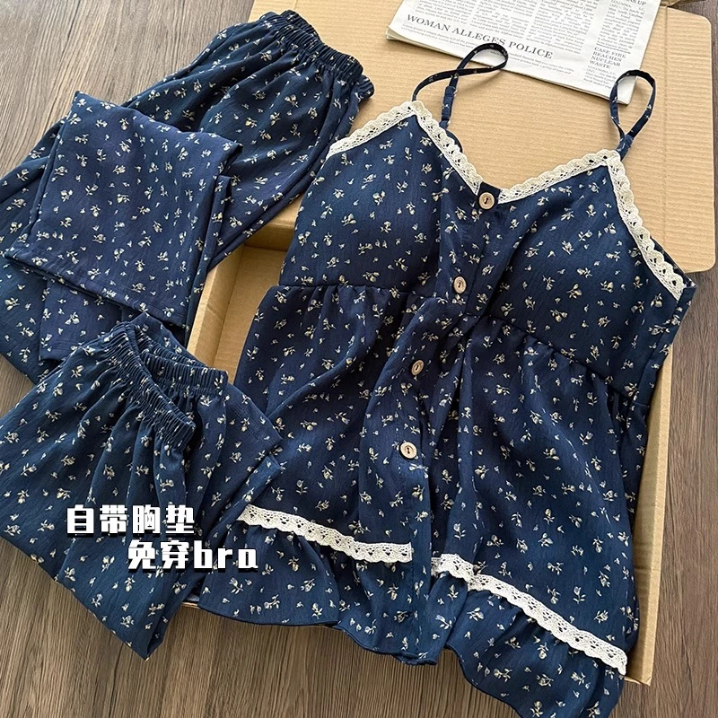 棉绸吊带睡衣女款夏季云朵棉性感辣妹带胸垫背心短裤三件套家居服