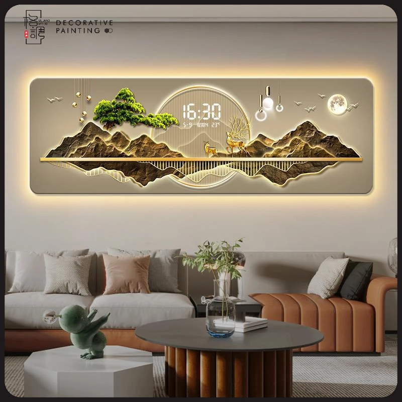 背有靠山客厅装饰画轻奢高级感电子时钟沙发背轻奢沙发背景装饰画