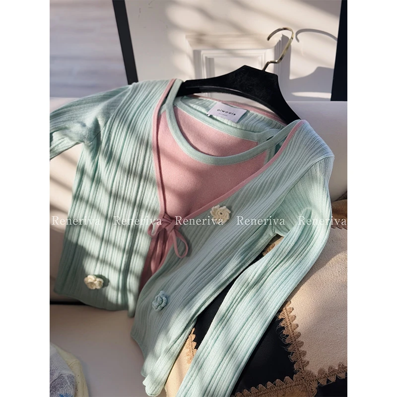 ReneRiva买手店 ALWOOLS 罗纹V领修身针织短开衫套装