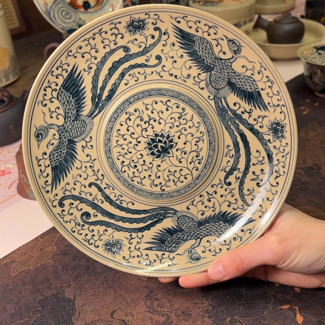 文林青花凤凰壶承赏盘20cm