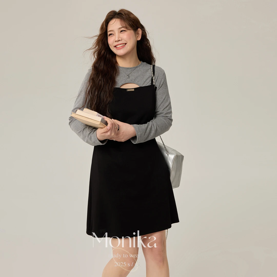 大码女装胖mm法式复古假两件吊带连衣裙收腰遮肉镂空设计裙子4860